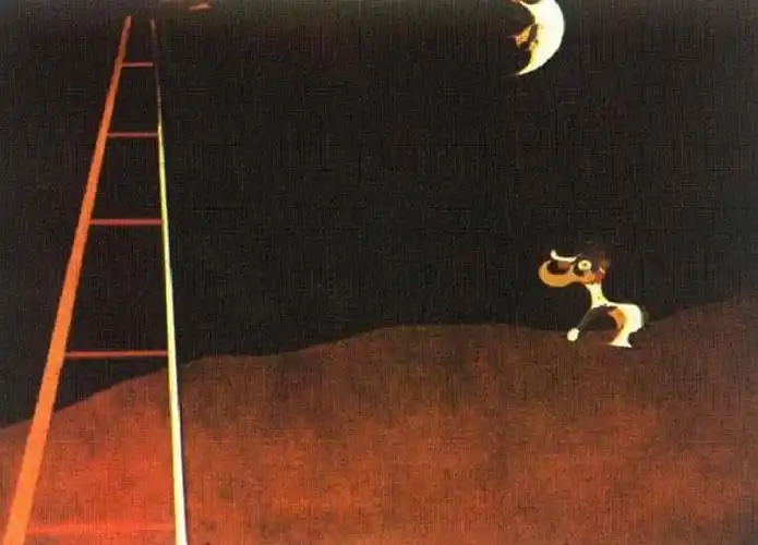 意思是狗狗对着月亮狂叫这个是米罗的作品《犬吠月》他留着好搞笑的