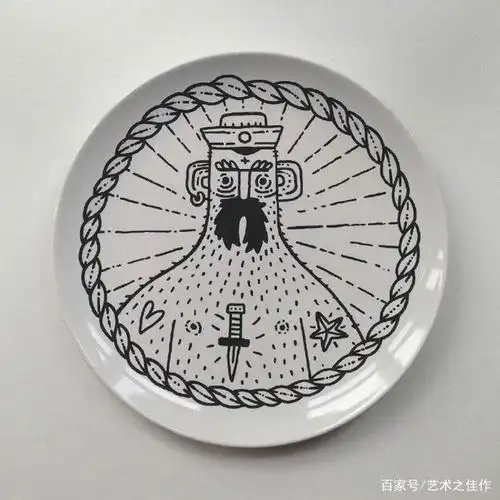 一组黑白手绘,盘子的创意插画