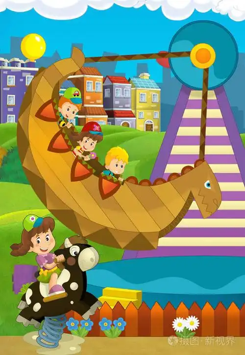 与孩子们在游乐场玩耍卡通场景