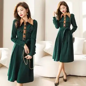 新款 女装 气质优雅韩版 简约香风连衣裙送腰带拼接木耳边翻领长裙 -