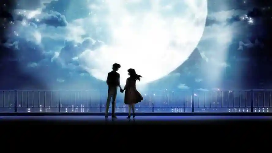 因为爱情,桥,相聚一刻,牵手,月亮,夜晚,城市,动漫桌面壁纸