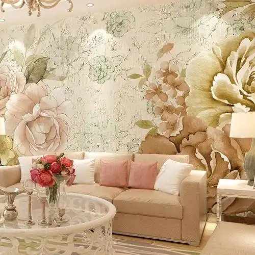 卡茵欧式小碎花手绘电视背景墙壁纸定制个性图案壁画田园花卉墙布客厅