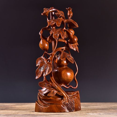 花梨木雕五福福临门摆件实木木质雕刻大号葫芦木雕