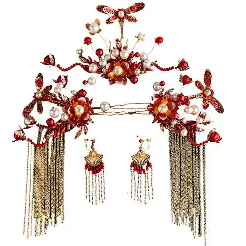 中式新娘秀禾服头饰凤冠大气步摇红色饰品结婚2020新款秀和发饰女