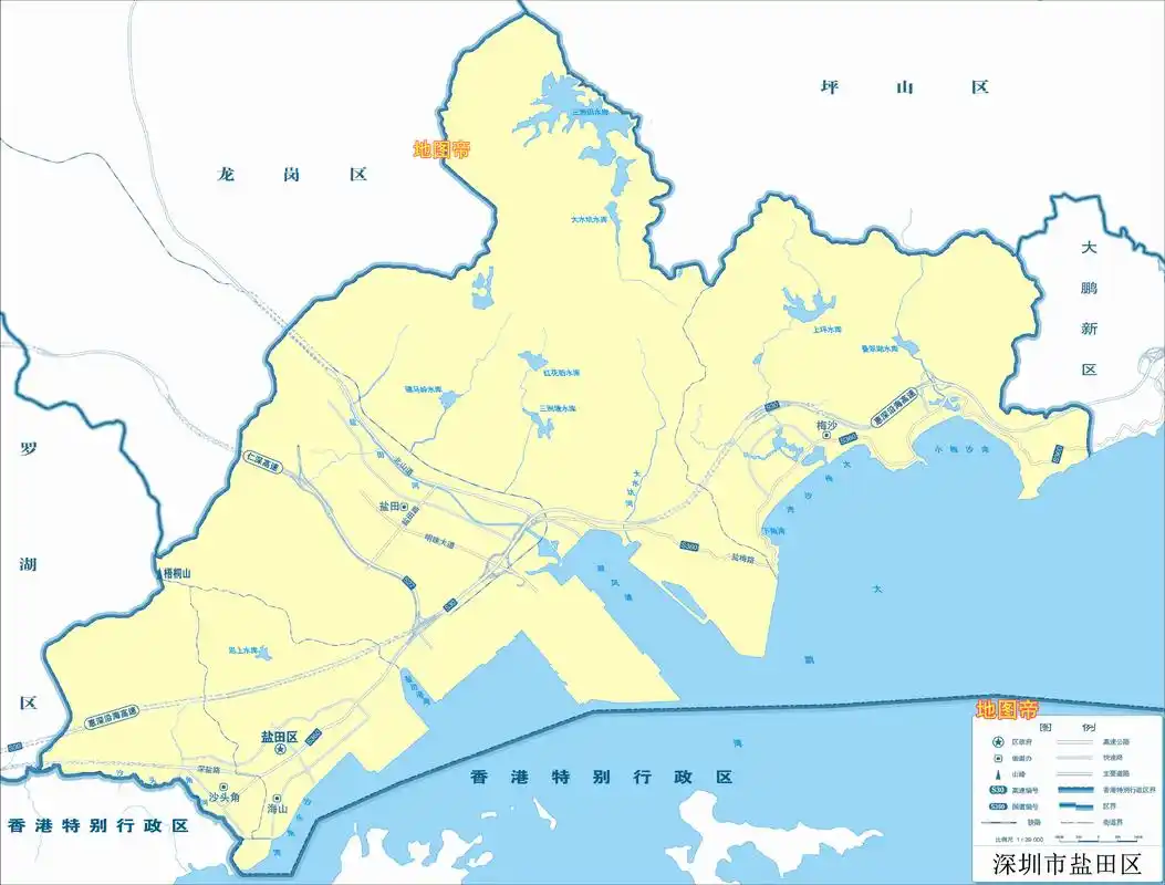 盐田区东起大鹏湾背仔角与龙岗区相接,西至梧桐山与罗湖区相邻,南连