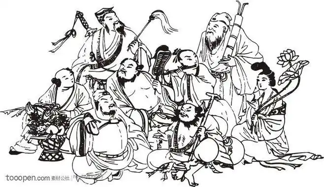 中华元素八仙过海古典素描版画