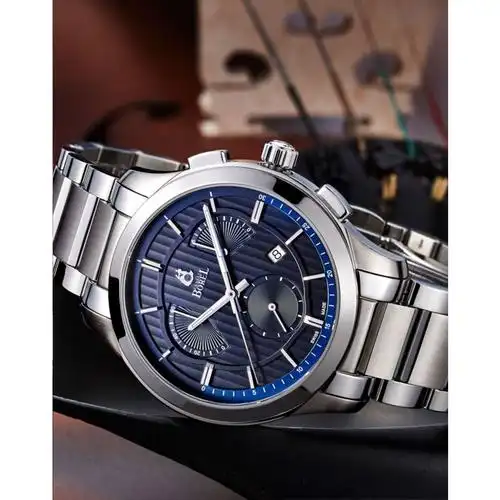 borel音韵系列蓝盘多功能计时小三针钢带石英男士手表gs608f16522