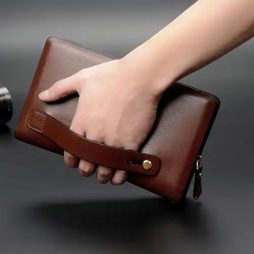 派尼美特男士手拿包休闲带手绳手抓包大容量双拉链长款皮手包