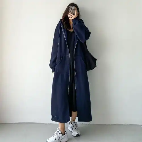 拉链加绒卫衣女2021年新款宽松大码超长款过膝休闲外套秋连帽开衫