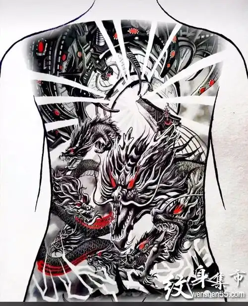 满背九龙拉棺纹身,满背九龙拉棺纹身手稿图案