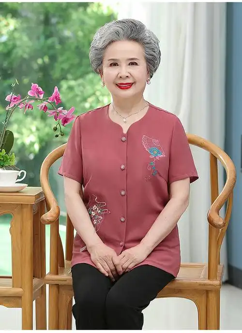 奶奶装夏装t恤中老年女装60-70-80岁老年人t恤夏季薄款透气上衣 红色