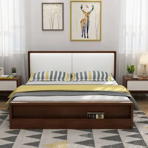 北欧实木床1.8米橡木双人婚床现代简约主卧1.5软包床头高箱储物床