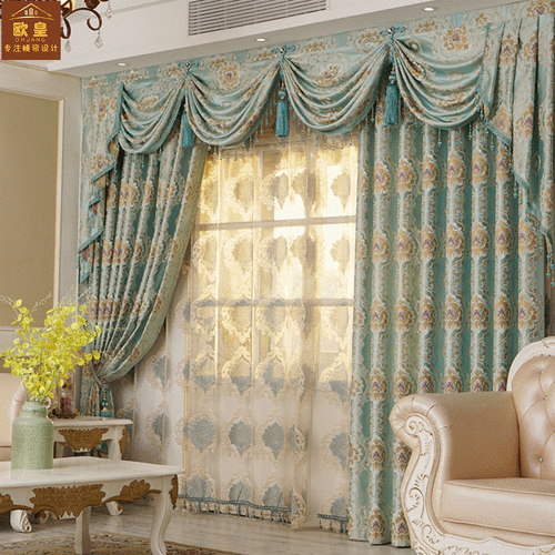 欧式水波帘头窗幔帘客厅卧室窗帘成品窗帘绿色浮雕提花窗帘水波帘