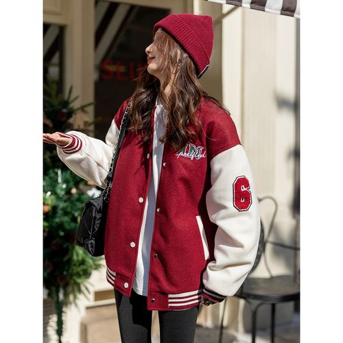 阔丝美式红色棒球服外套女加厚2022春炸街高级范加棉宽松夹克上衣