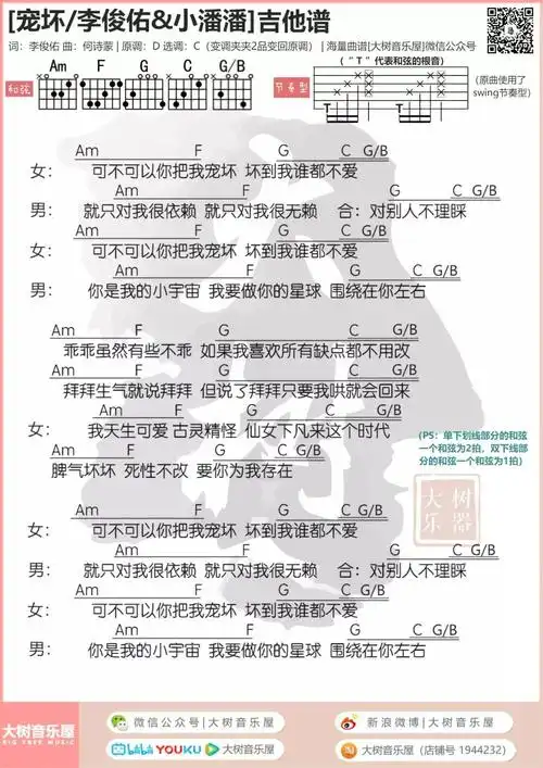 宠坏吉他谱_李俊佑,小潘潘_c调六线谱_大树乐器图片谱_木木吉他网