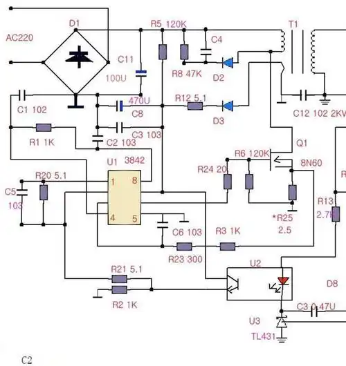 为lm358(双运算放大器,1脚为电源地,8脚为电源正)及其外围电路提供12v