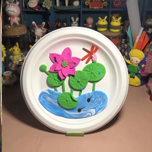 清廉洁超轻粘土diy材料夏天 纸盘画幼儿园学生作业古诗小池荷莲花