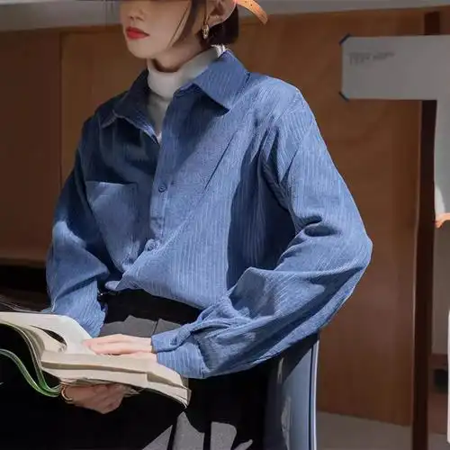 复古蓝色灯芯绒衬衫女春秋法式叠穿条纹衬衣外套春季内搭长袖上衣
