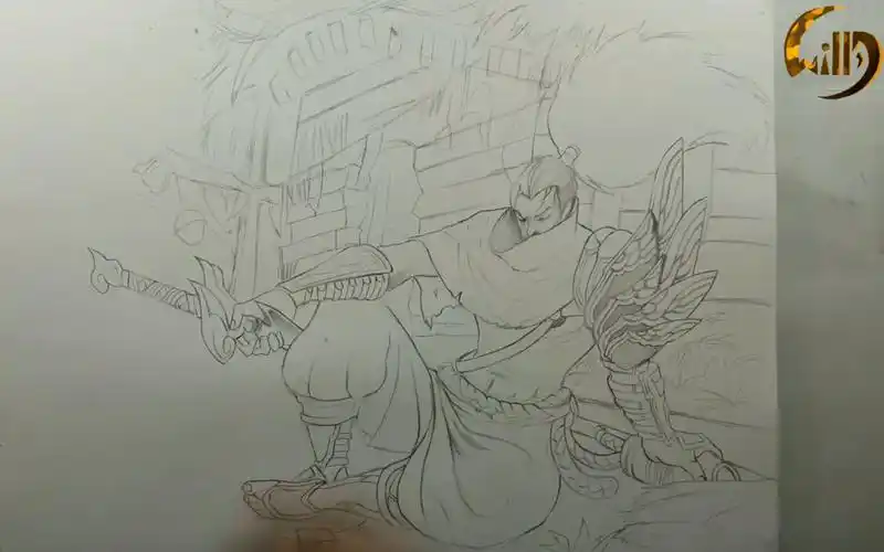 铅笔线条绘画亚索英雄联盟lol