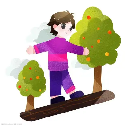 走平衡木的男孩 惊蛰插画 可爱的男孩 绿色树木 植物 两颗树木 卡通