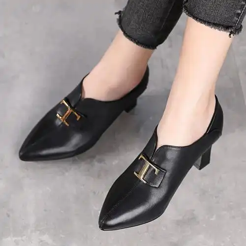 高跟鞋女真皮粗跟女鞋ol小皮鞋春秋季深口单鞋工作鞋子职业鞋通勤