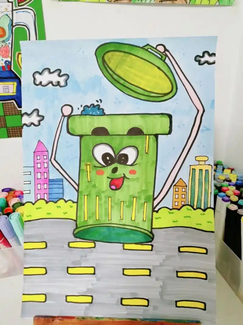 儿童创意画打卡6/100《垃圾桶》 纸张大小:a3 适合年龄:4--6岁 点关注