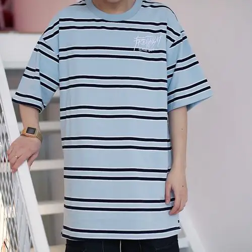 国潮原创双条纹海魂衫字母刺绣纯棉短袖 宽松bf潮人男女情侣t恤衫