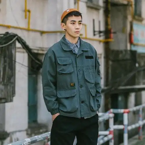 bdct 美式多口袋工装外套男春 复古军事风纯色休闲薄款翻领夹克潮
