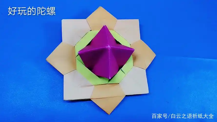 这是一款纸折的陀螺,用手一扭,就会飞速的转动,赶紧折一个给孩子玩吧.