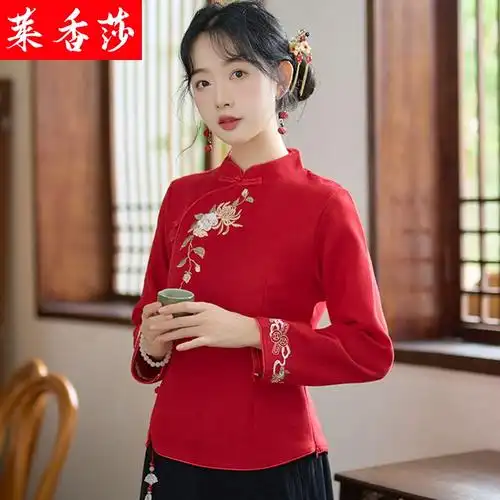 民国女装改良旗袍上衣中式唐装套装女秋冬中国风复古汉服绣花茶服