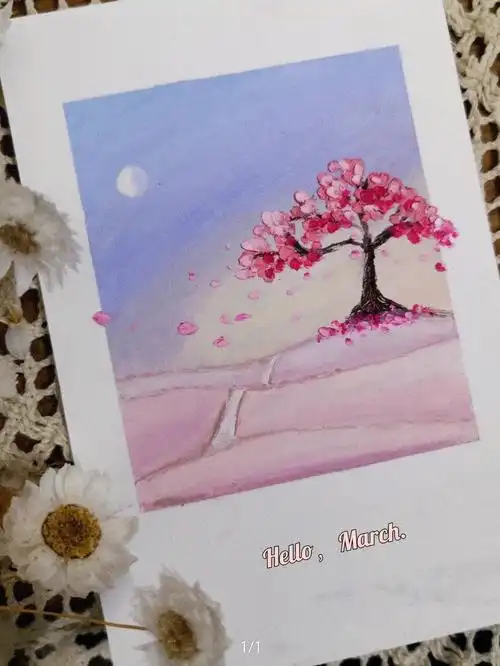 油画棒新手第9幅月下樱花树附教程