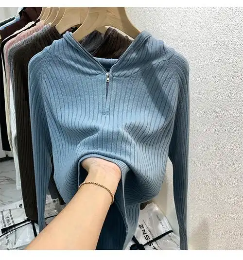 潮流欧货冰丝t恤女长袖2021秋装新款打底衫内搭连帽拼接针织衫上衣潮