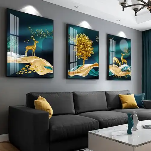 客厅装饰画沙发背景墙三联画现代简约高档大气晶瓷画壁画轻奢挂画