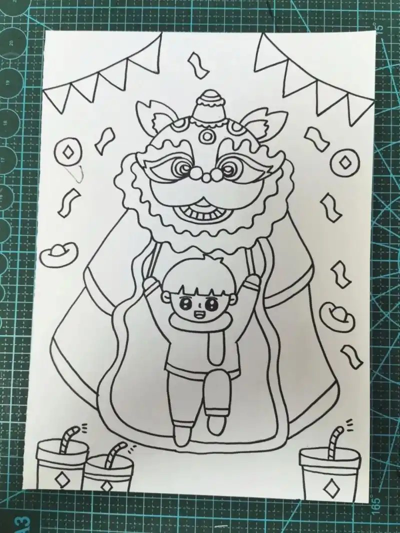 新年主题儿童画 男孩舞狮图 a5尺寸, 马克笔绘制,有线稿图#儿童主题画
