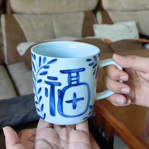 青花瓷茶杯中式复古釉下彩景德镇单杯办公杯家用大号带盖水杯商用