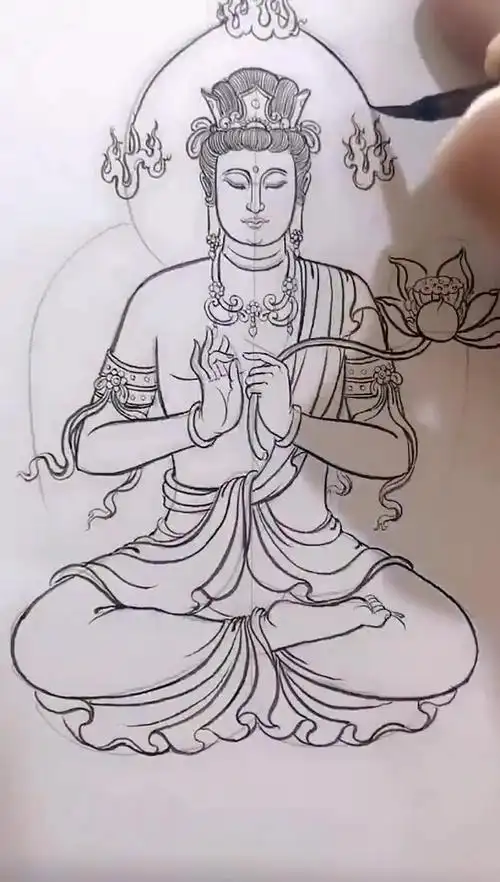 【手绘】大势至菩萨翡翠玉雕设计手稿,希望冠魔早些消逝!