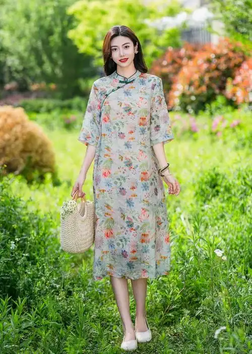 中式改良旗袍 棉麻国风复古立领文艺宽松休闲苎麻印花连衣裙裙子