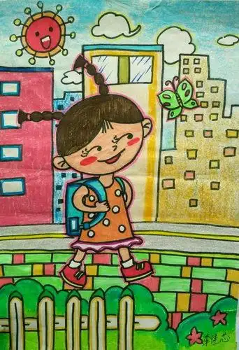 少儿书画作品-《上学》/儿童书画作品《上学》欣赏_中国少儿美术教育