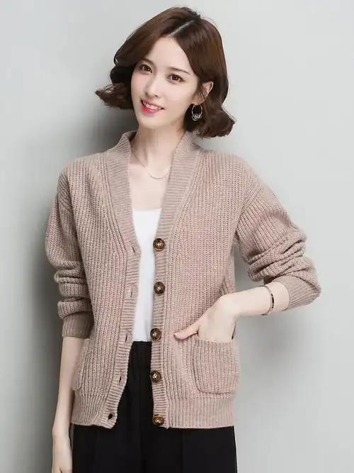 100羊毛衫女短款毛衣外套2020年秋冬季宽松粗毛线针织开衫女外搭