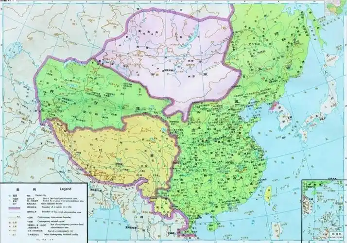 741年唐朝版图(图源:谭其骧著《中国历史地图集》)注:绿色为唐土.