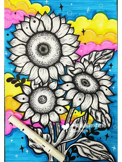 今日分享马克笔线面,向日葵97用到了针管笔,马克笔#儿童画  #马克笔