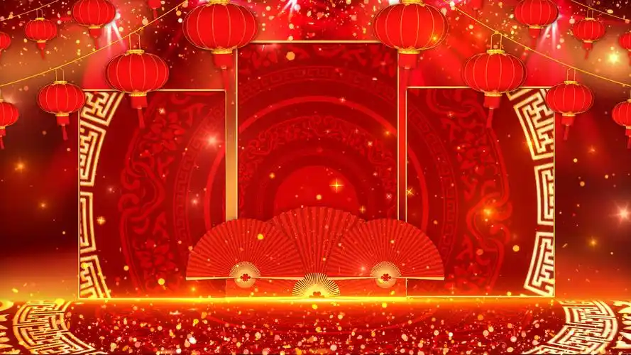 4k春节热闹喜庆舞台开场灯笼红色舞台背景春晚热闹背景