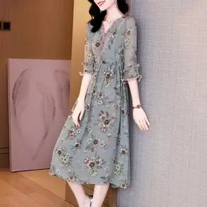 2021新款女装裙子高端桑蚕丝碎花仙女薄款收腰长款真丝连衣裙夏季