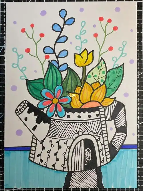 浇花的花洒线描彩色线描创意线描