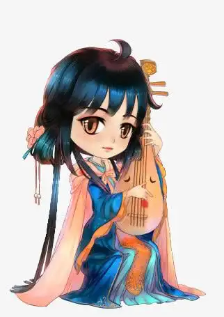 卡通可爱弹琵琶美女古风手绘