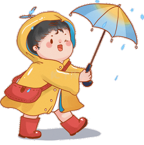 下雨可爱小女孩穿着黄色雨衣打伞躲雨玩水