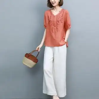 梵侈赫尔轻奢品牌4050岁中老年女装妈妈夏装套装洋气短袖棉麻t恤女