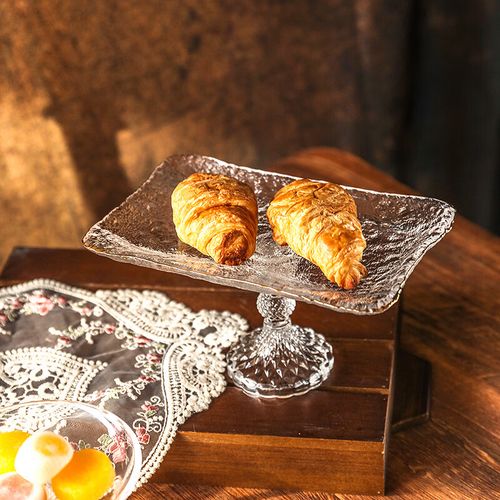 厨谧创意长方形面包点心摆盘锤纹水果盘玻璃高脚盘子糕点甜品展示托盘
