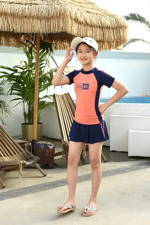 8-12岁运动款小孩泳装分体两件套平角裙式女童中大童短袖游泳衣