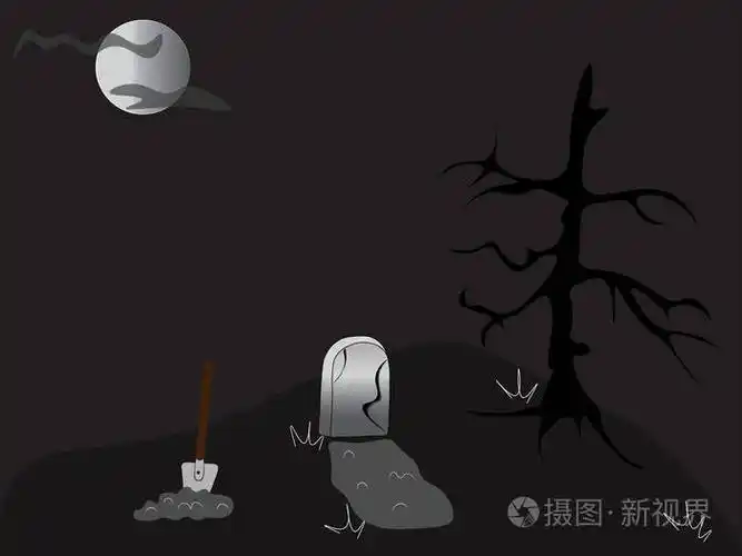 坟墓, 铲, 墓碑, 月亮和黑树.公墓的元素.公墓背景为装饰